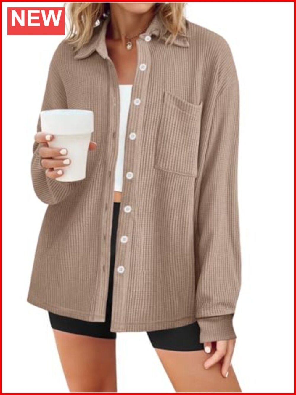 Waffle Knit Button Down Shirt Long Sleeve Loose Fit Collared Blouse
